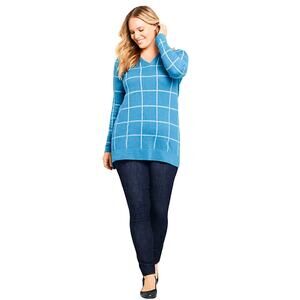 Lands' End Bermuda Blue Heather Windowpane V-neck Sweater Size XL / 18 NWT
